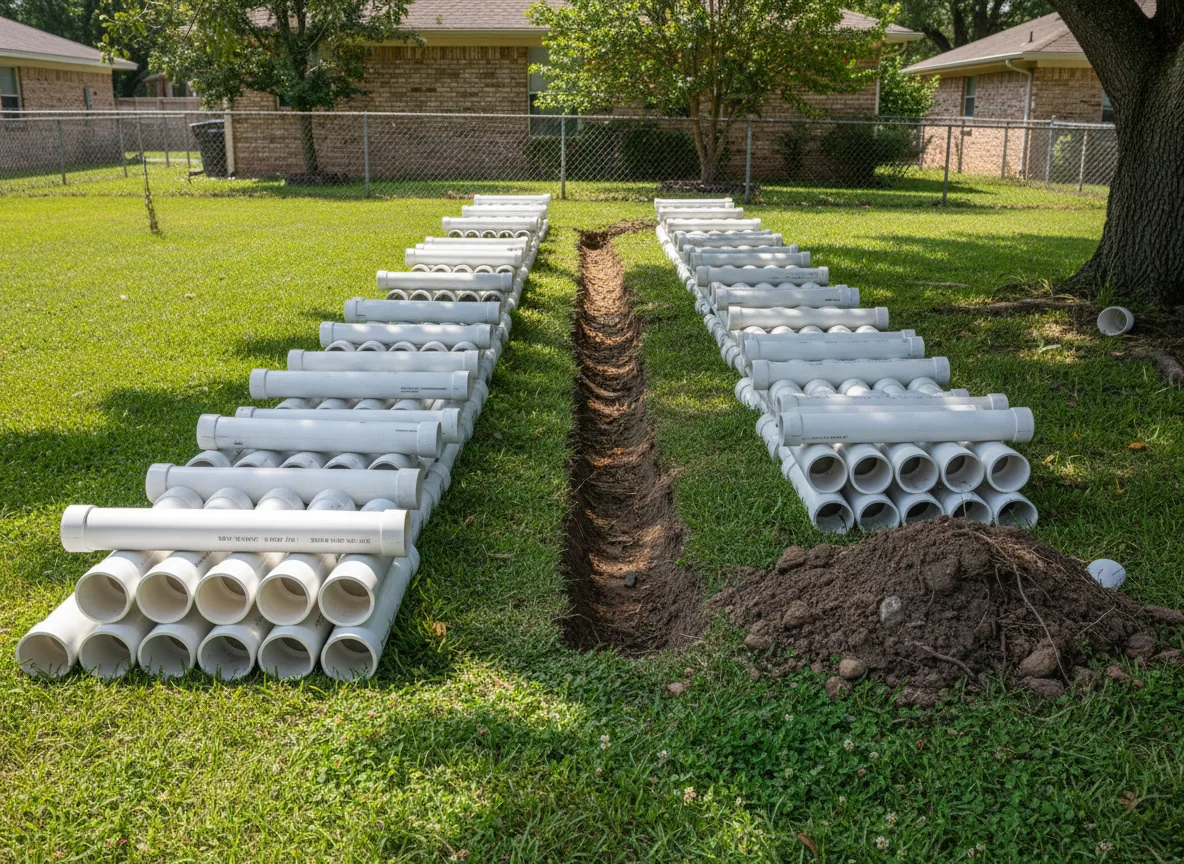 New PVC sewer pipe stacked beside an open trench